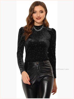 Velvet Puff Sleeve Mock Neck Top